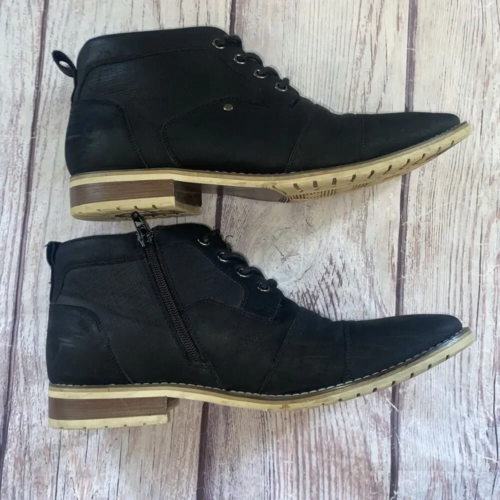 Ferro Aldo Blane Men’s 9.5 Black Cap Toe Lace Up Side Zip Ankle Boots